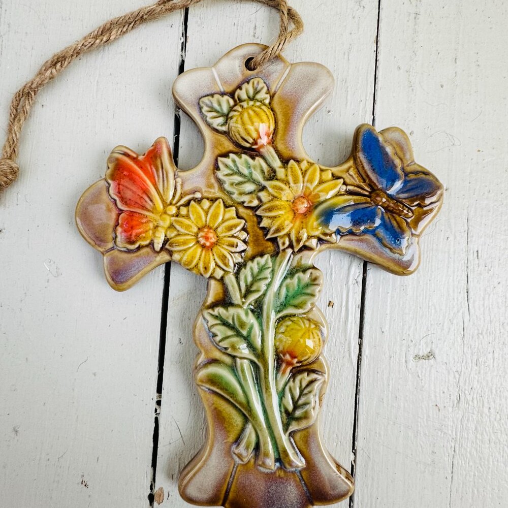 Vintage Ceramic Cross, Butterflies Sunflower Adorned Cross, Retro Wall Cross - Picture 3 of 6